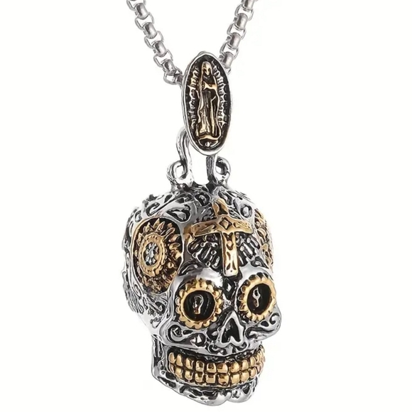 New! MEN'S Day of the Dead Dia de los Muertos Skull Pendant Necklace. - Picture 2 of 8